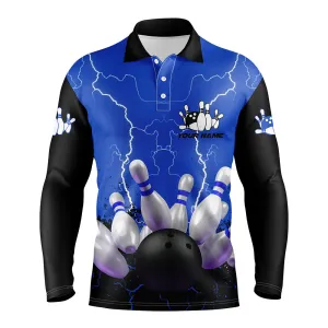 Blue Lightning Men Long Sleeve Polo Bowling Shirts, Personalized Men's Bowling Jerseys, Bowling Team Jerseys