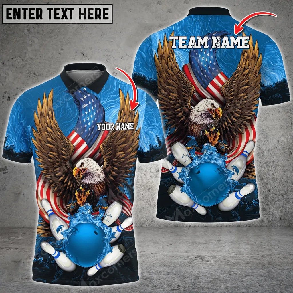 Bowling & Pins USA Eagle Flag Multicolor Option Customized Name, Team Name 3D Polo Shirt