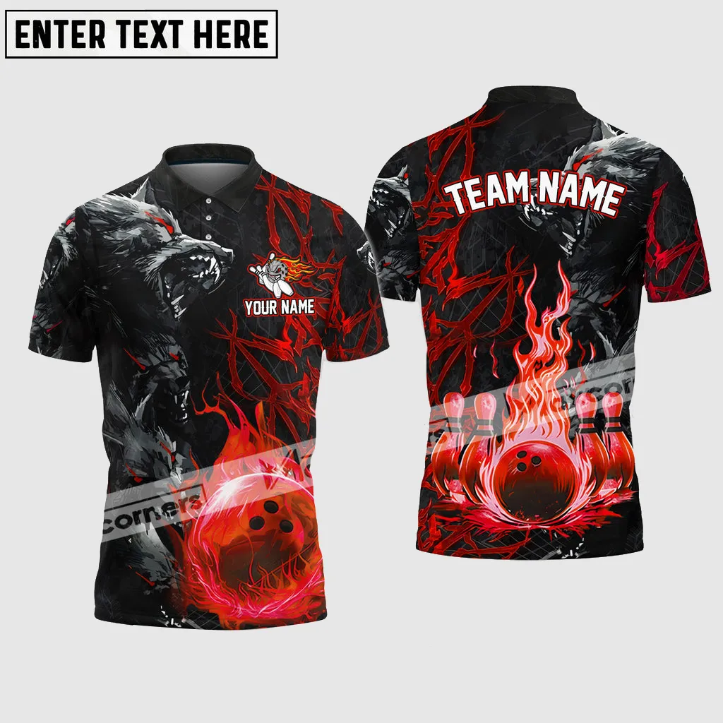 Bowling & Pins Wolfs Flame Fire Multicolor Option Customized Name, Team Name 3D Polo Shirt