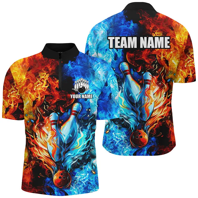 Bowling And Pins Blue And Orange Two Sides Flame Customized Name, Team Name 3D Zipper Polo Shirt For Men