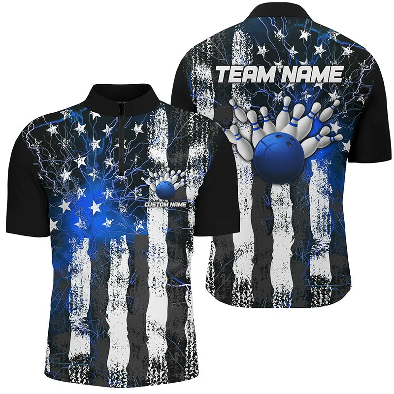 Bowling And Pins Blue Lightning American Flag Customized Name, Team Name 3D Zipper Polo Shirt For Men