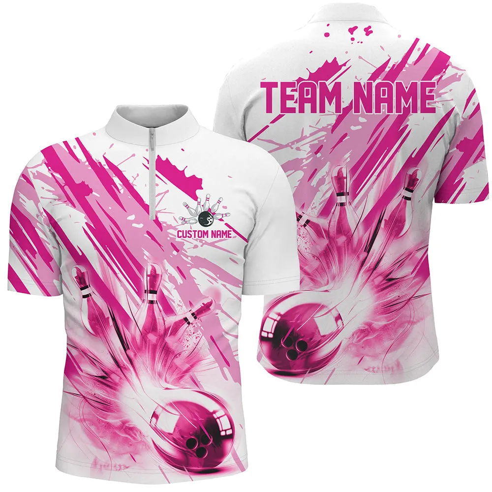 Bowling And Pins Blue or Pink Strike Customized Name, Team Name 3D Zipper Polo Shirt For Men