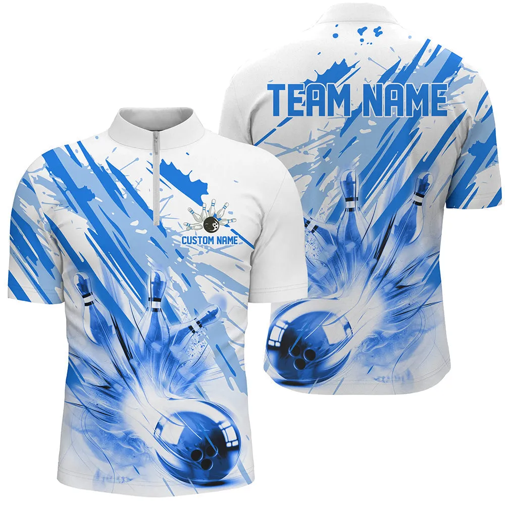 Bowling And Pins Blue or Pink Strike Customized Name, Team Name 3D Zipper Polo Shirt For Men