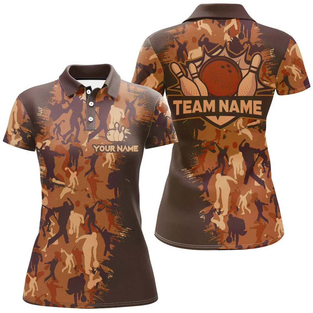 Bowling And Pins Camo Multicolor Option Customized Name 3D Polo Shirt For Women