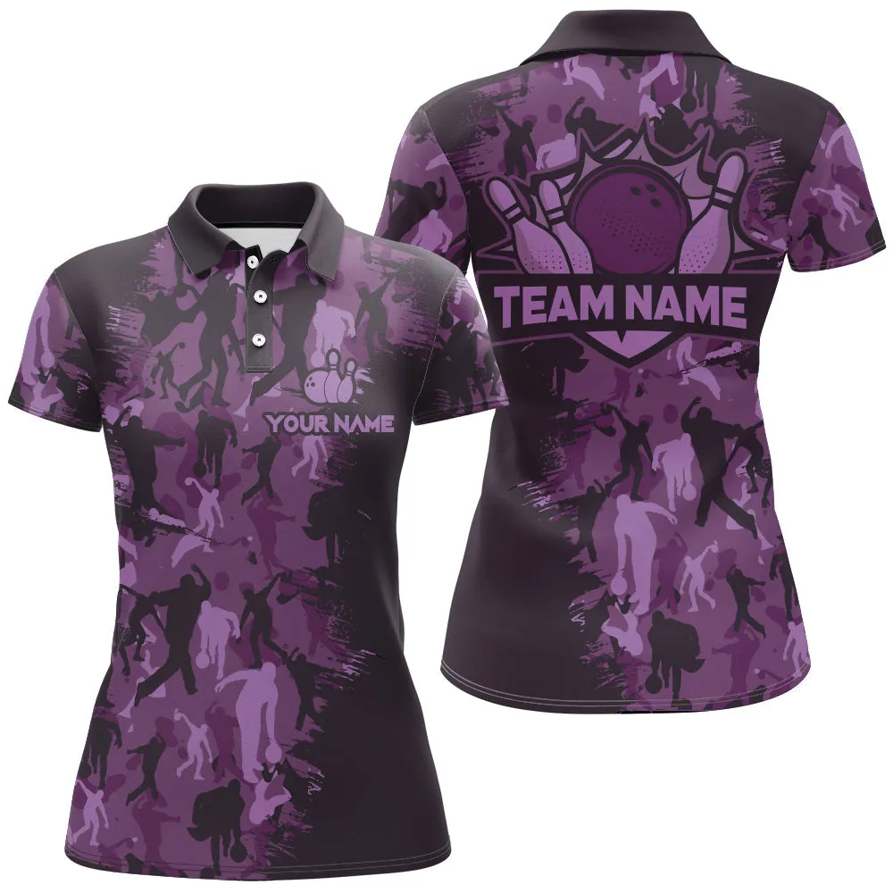 Bowling And Pins Camo Multicolor Option Customized Name 3D Polo Shirt For Women