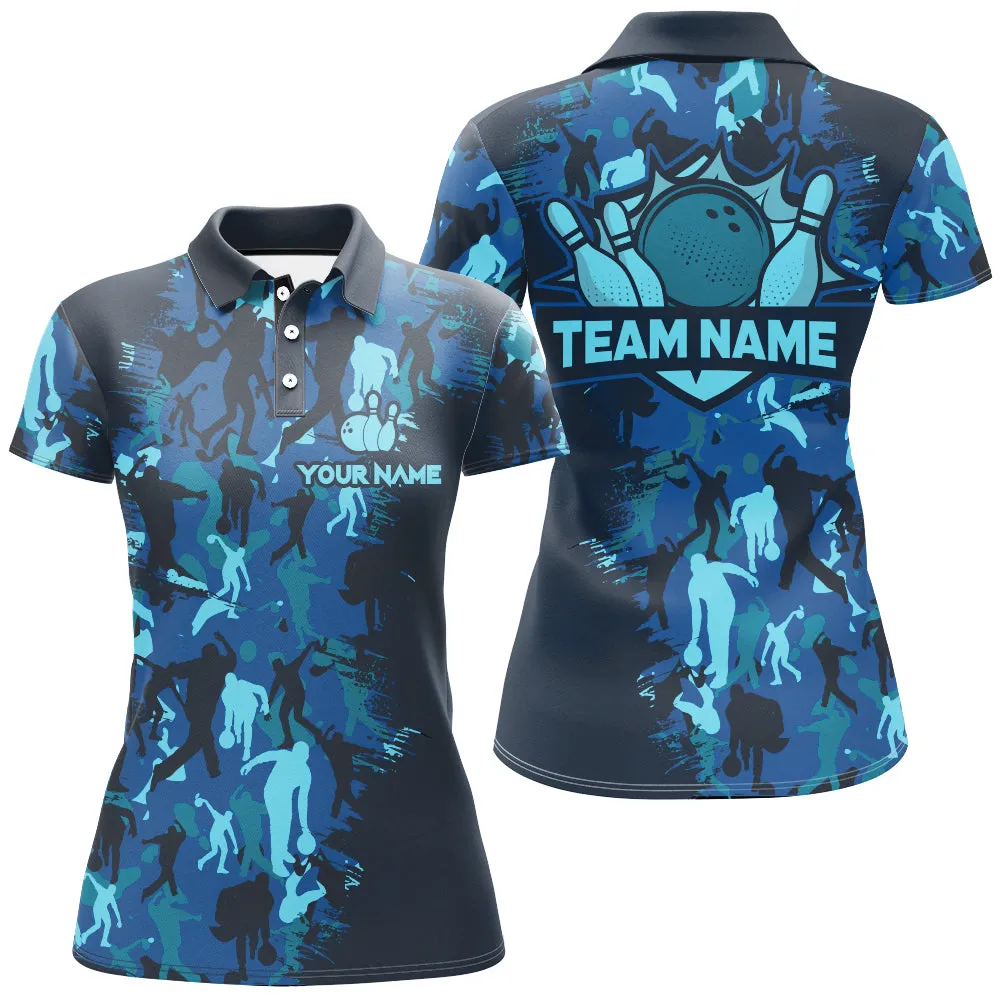 Bowling And Pins Camo Multicolor Option Customized Name 3D Polo Shirt For Women