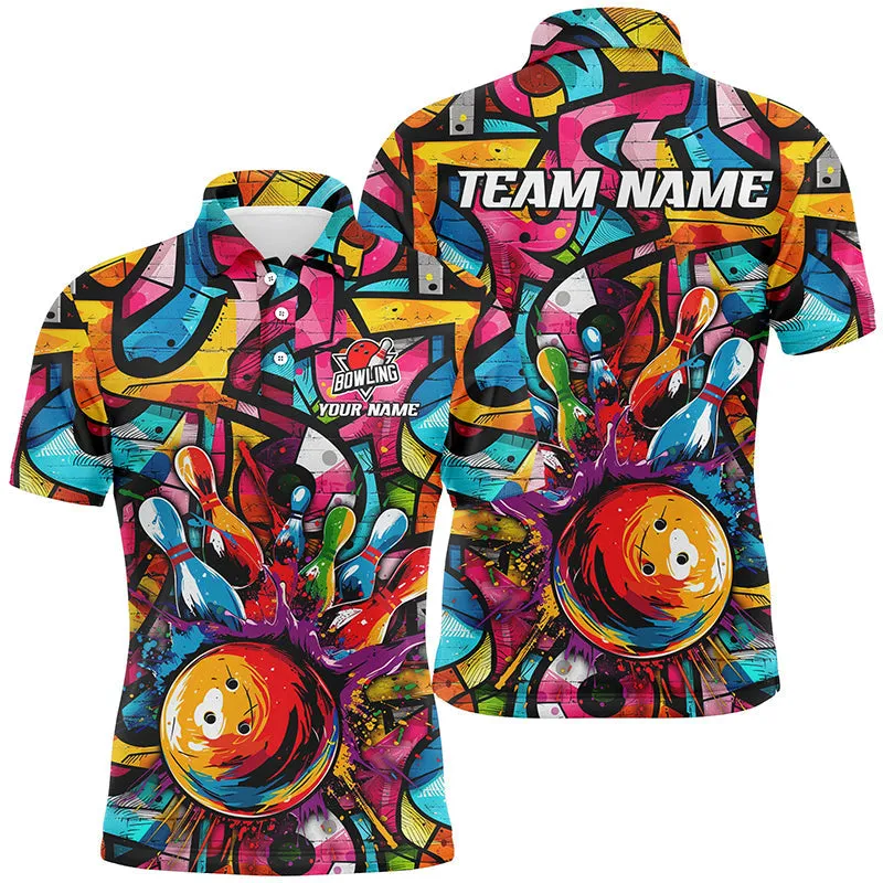 Bowling And Pins Colorful Graffiti Pattern Customized Name, Team Name 3D Jersey Shirt For Men