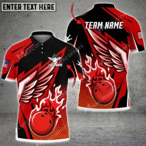 Bowling And Pins Cool Wings Pattern Multicolor Option Customized Name And Team Name Polo Shirt