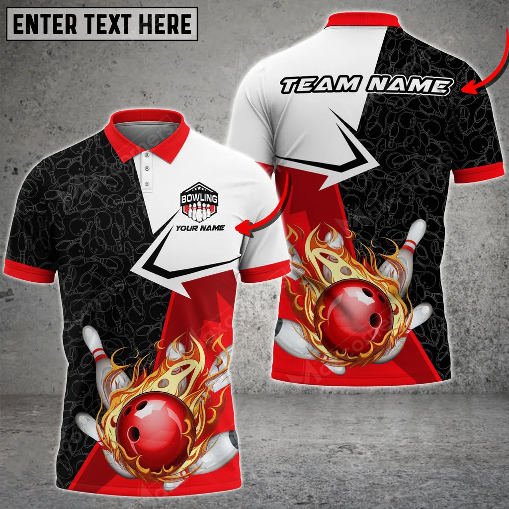 Bowling And Pins Fire Multicolored Bowling Jerseys Custom Name And Team 3D Polo Shirt