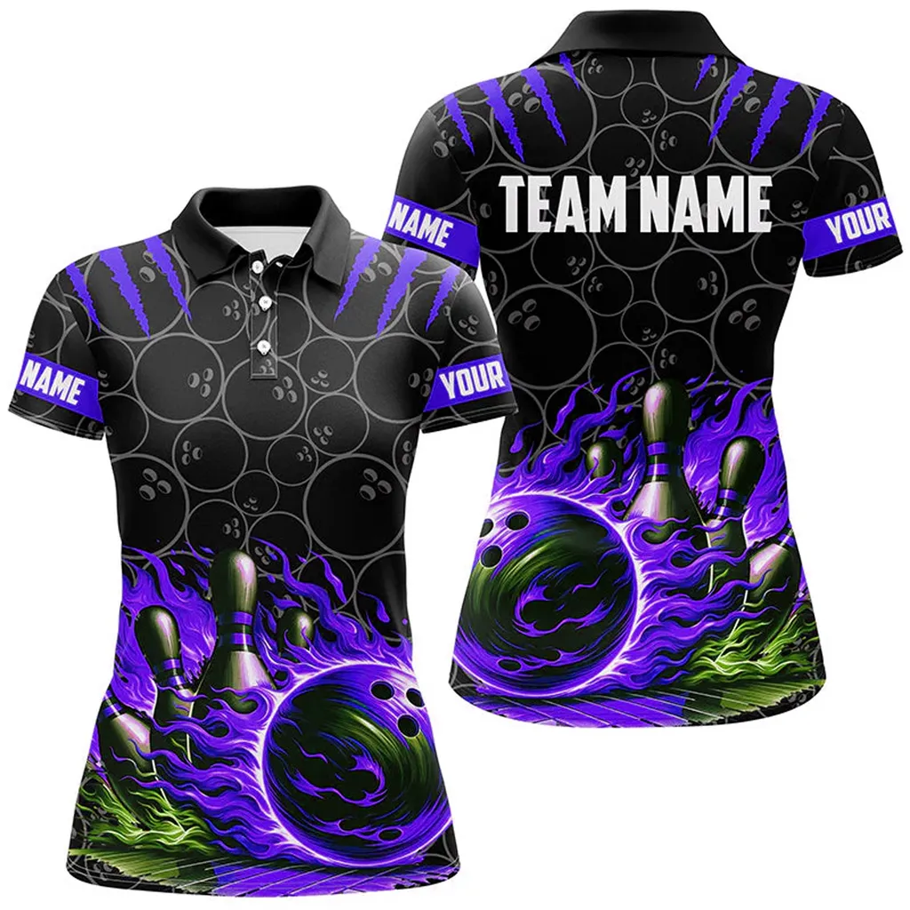 Bowling And Pins Flame Multicolor Option Customized Name 3D Shirt For Women