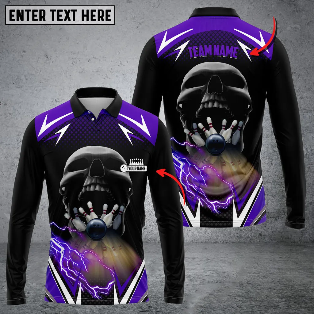 Bowling And Pins Lightning Into Skull Multicolor Option Customized Name Long Sleeve 3D Shirt, Gift for Bowling Lovers