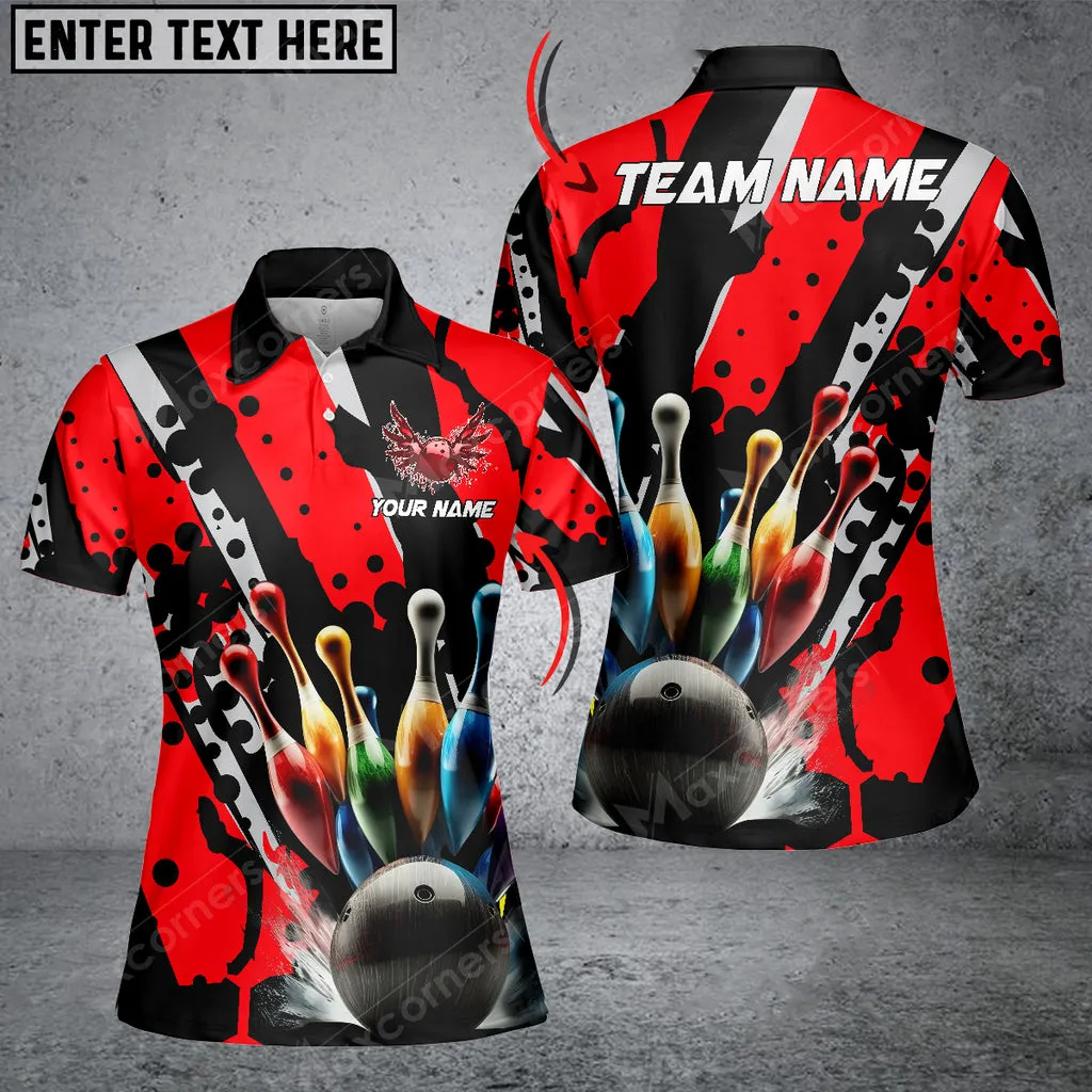 Bowling Ball And Pins Eagle Wings Multicolor Option Customized Name 3D Polo Shirt For Women