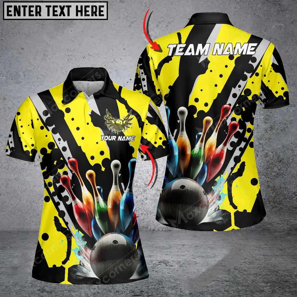 Bowling Ball And Pins Eagle Wings Multicolor Option Customized Name 3D Polo Shirt For Women