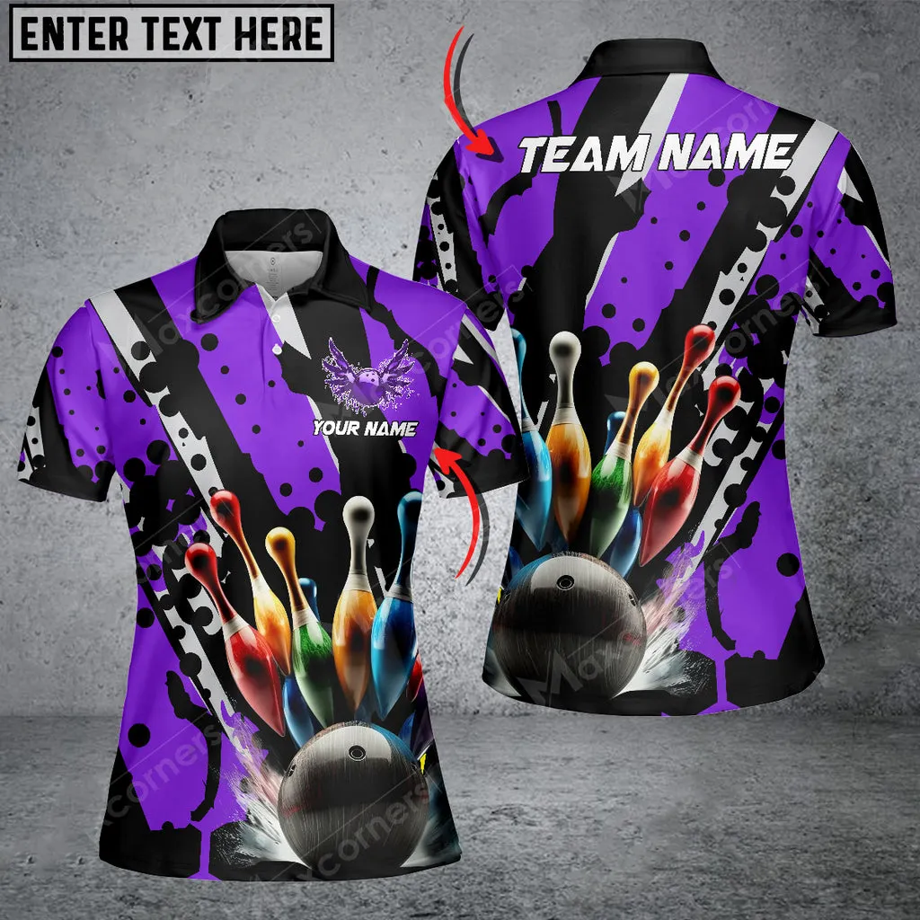 Bowling Ball And Pins Eagle Wings Multicolor Option Customized Name 3D Polo Shirt For Women