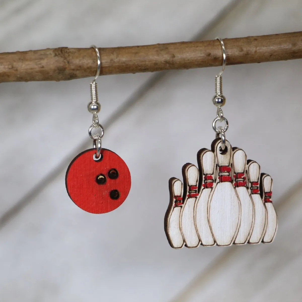 Bowling Ball and Ten Pin Wooden Dangle Earrings by Cate's Concepts, LLC