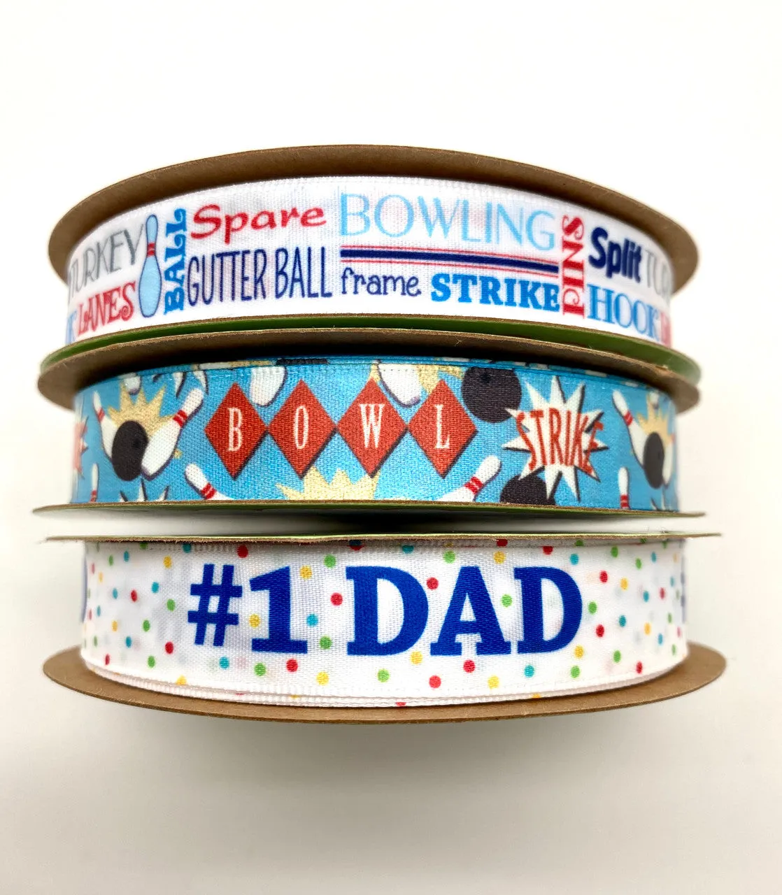 Bowling word block ribbon printed on 5/8" white single face satin