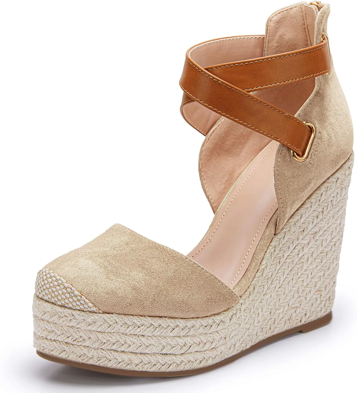 Brown Suede Wedge Ankle Strap Closed Toe Sandalse