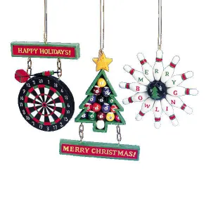 Dart Board, Bowling, and Billiards Poolo Ornament, 3 Assorted