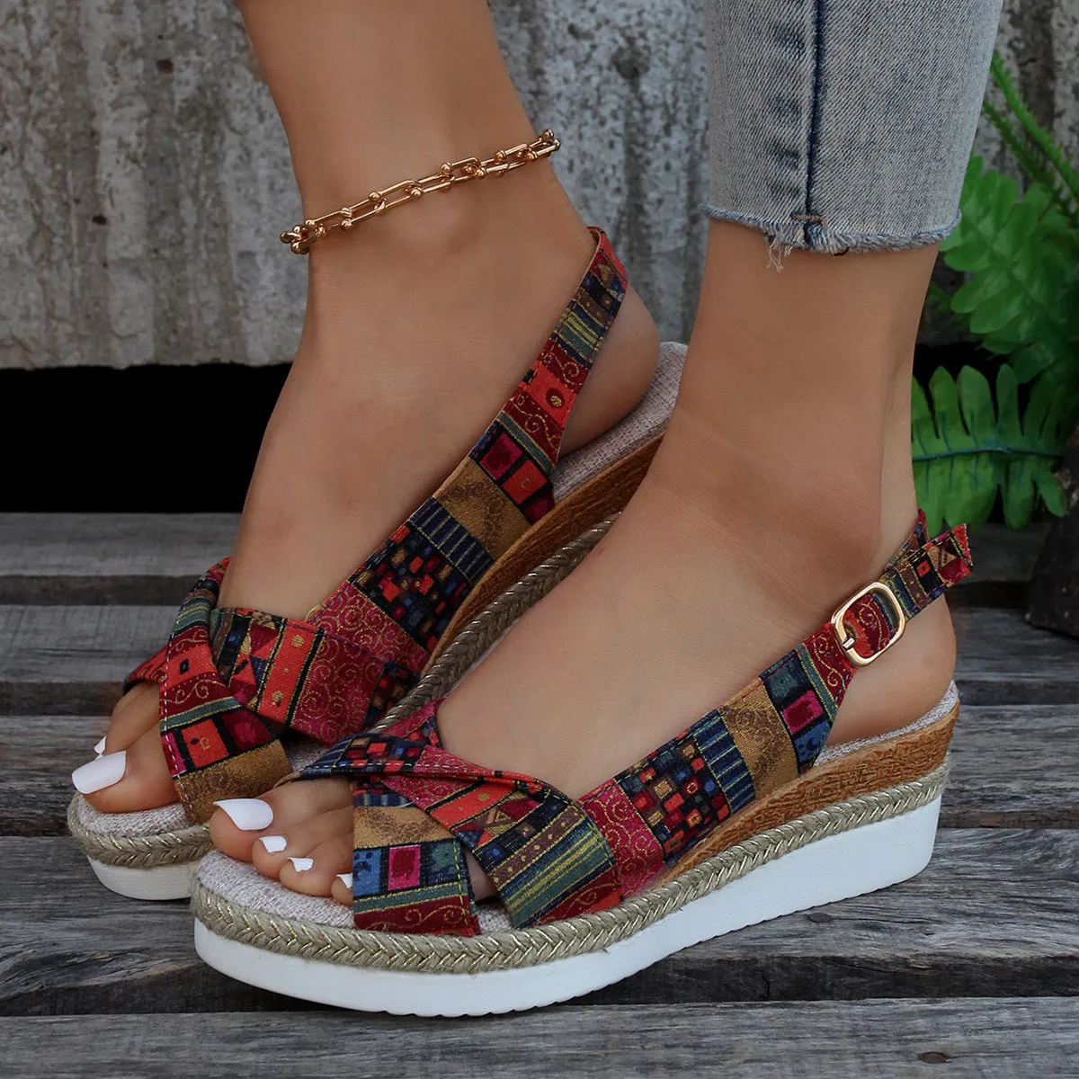 elveswallet Printed Open Toe Slingback Wedge espadrilles Sandals