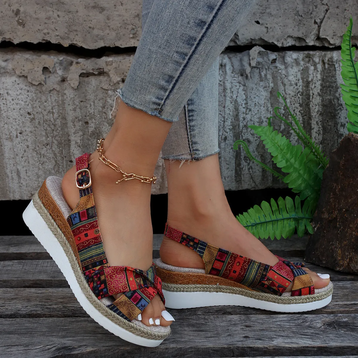 elveswallet Printed Open Toe Slingback Wedge espadrilles Sandals