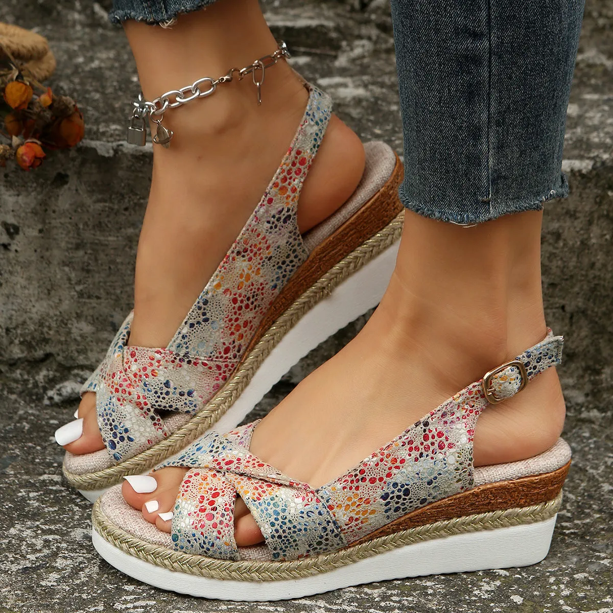 elveswallet Printed Open Toe Slingback Wedge espadrilles Sandals