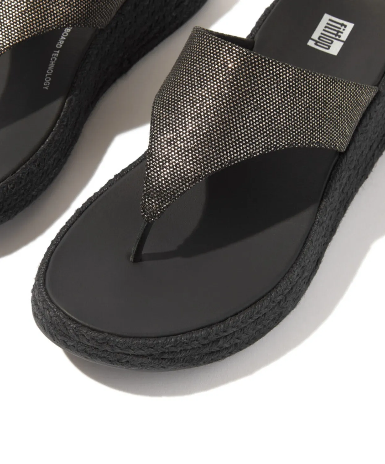 Fitflop F-Mode Espadrille Glitz-Canvas Flatform Toe-Thongs Black