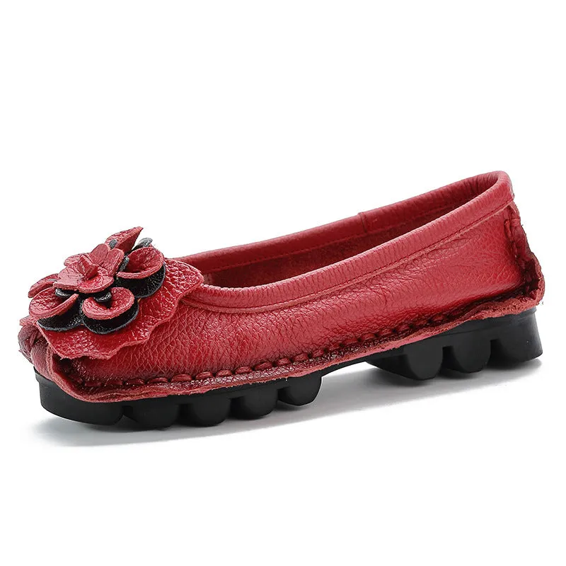 Genuine Leather Flower Women's Single Shoes Flat Sole Large Foreign Trade Shoes