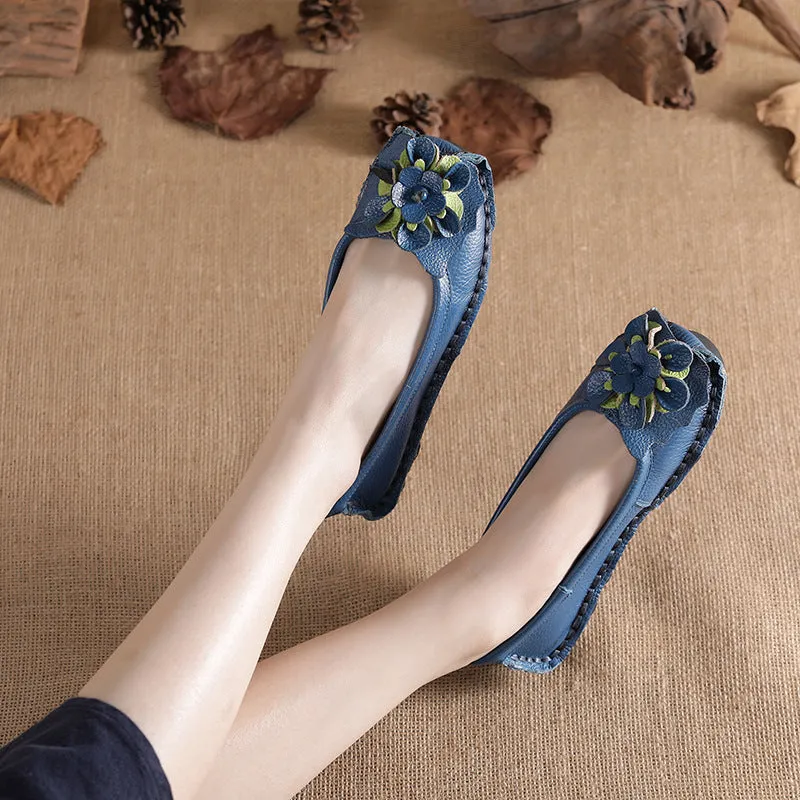 Genuine Leather Flower Women's Single Shoes Flat Sole Large Foreign Trade Shoes