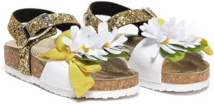 Girls White Glitter Daisy Sandals