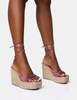 Heated Pink Wide Fit Strappy Lace Up Jute Wedges