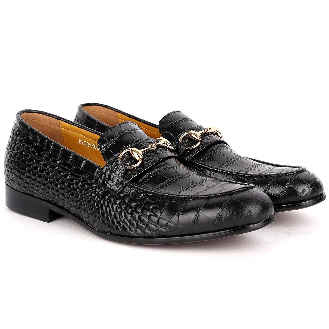 J.M Weston Classy Black Croc Leather Shoe With Gold Chain Design