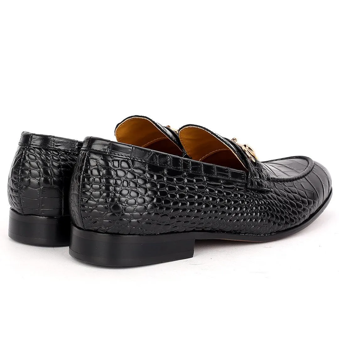 J.M Weston Classy Black Croc Leather Shoe With Gold Chain Design