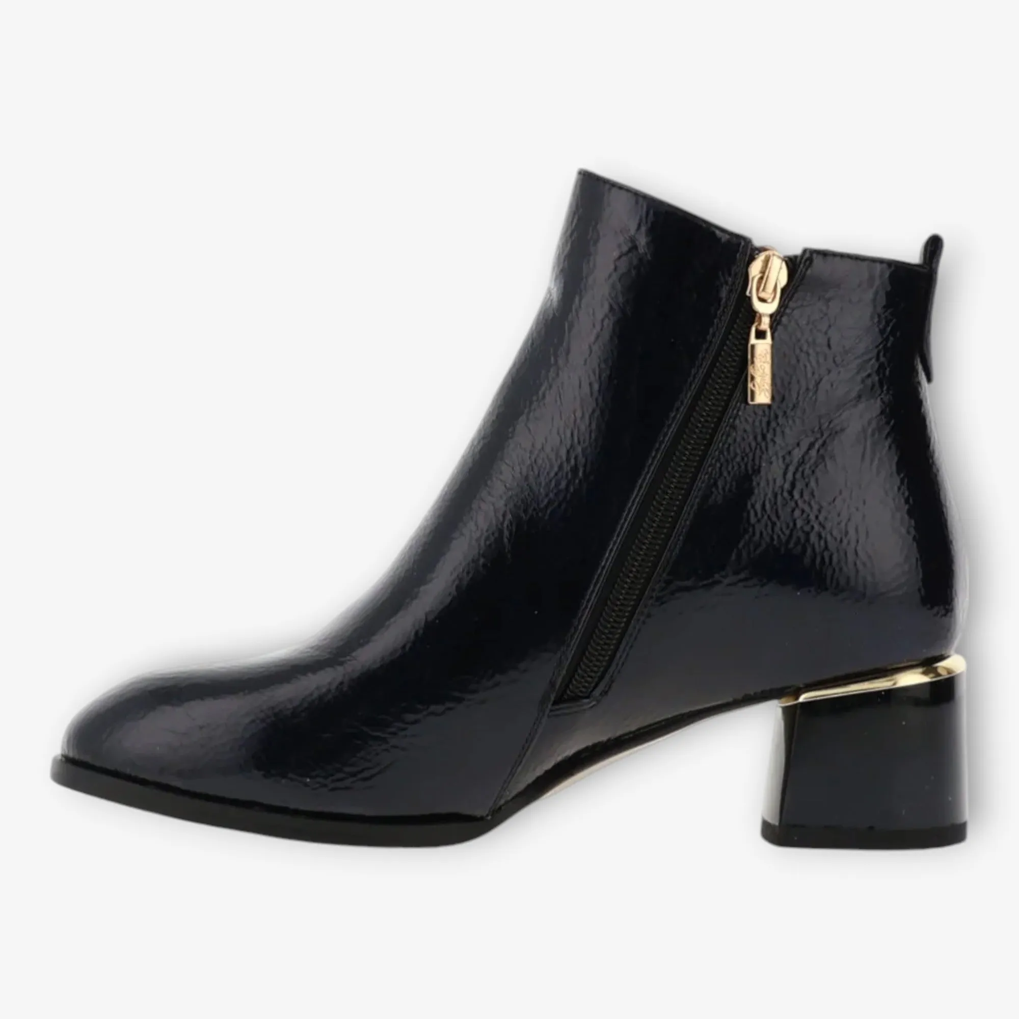 Kate Appleby Navy Faux Patent Leather Ankle Boots with Gold Metal