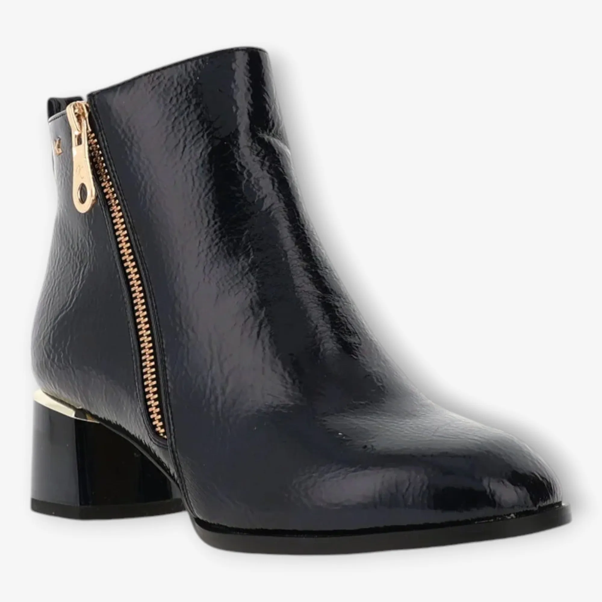 Kate Appleby Navy Faux Patent Leather Ankle Boots with Gold Metal