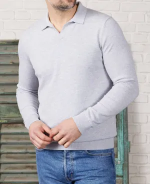 Light Grey Cotton-Blend Open Collar Knit Polo