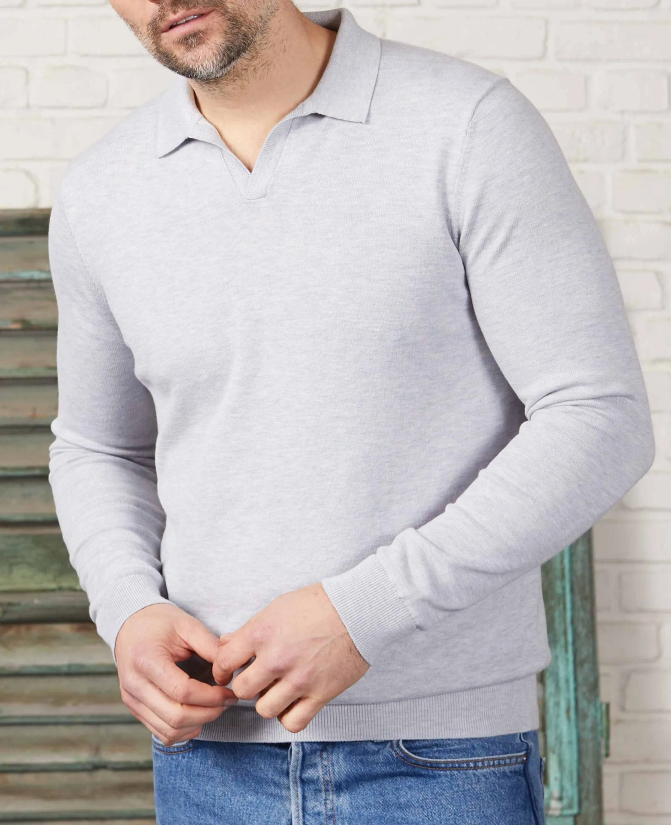 Light Grey Cotton-Blend Open Collar Knit Polo