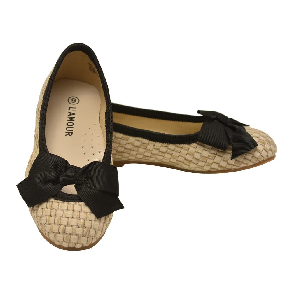 Little Girls Black Faux Straw Bow Flats 7-10 Toddler