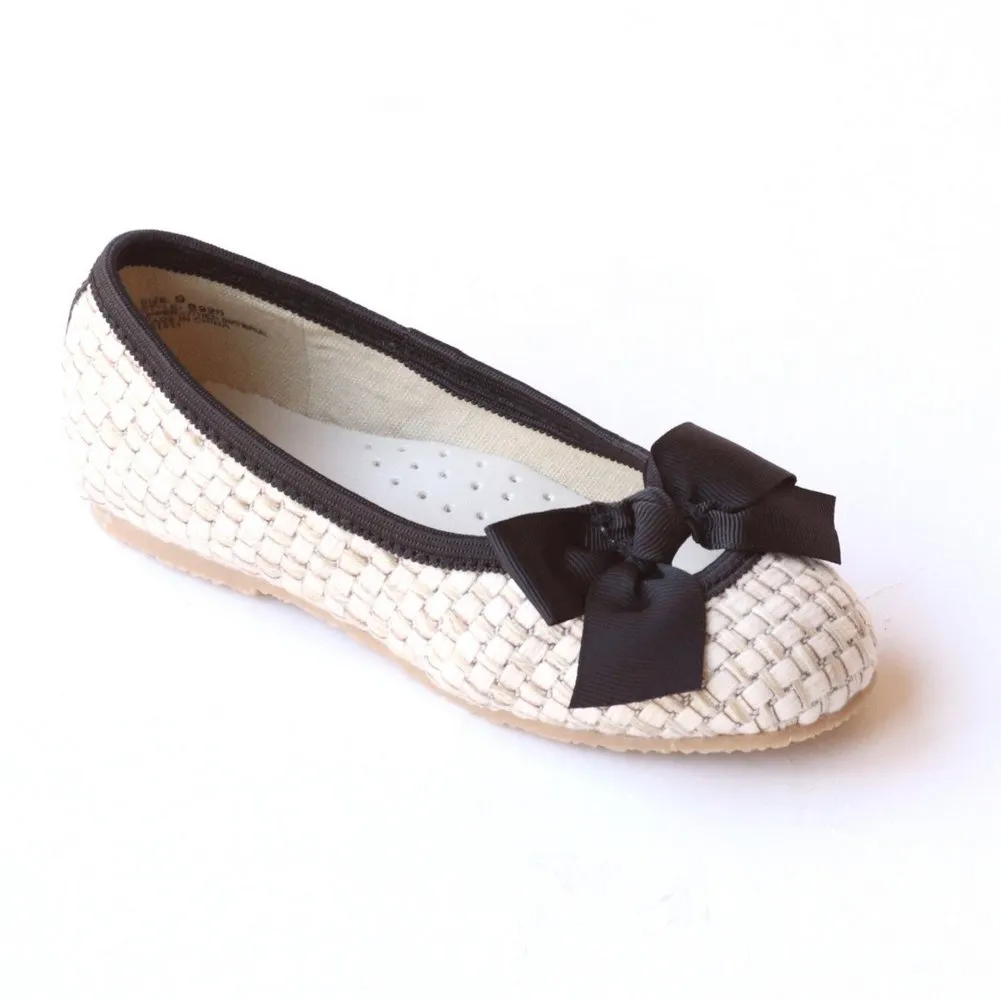 Little Girls Black Faux Straw Bow Flats 7-10 Toddler