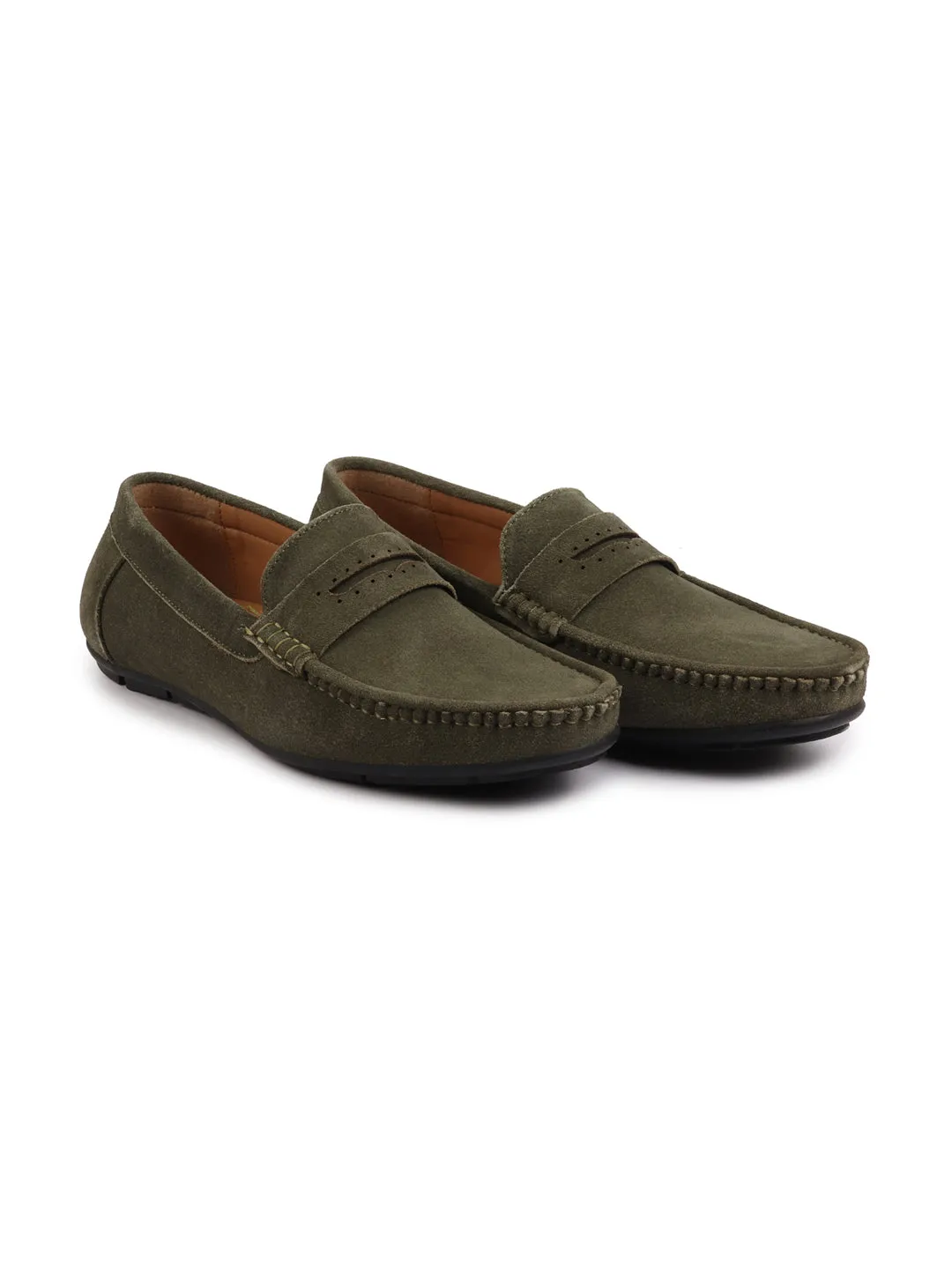 Men Olive Suede Leather Side Stitched Slip On Driving Loafer|Party Loafer|Moccasin For Wedding Party