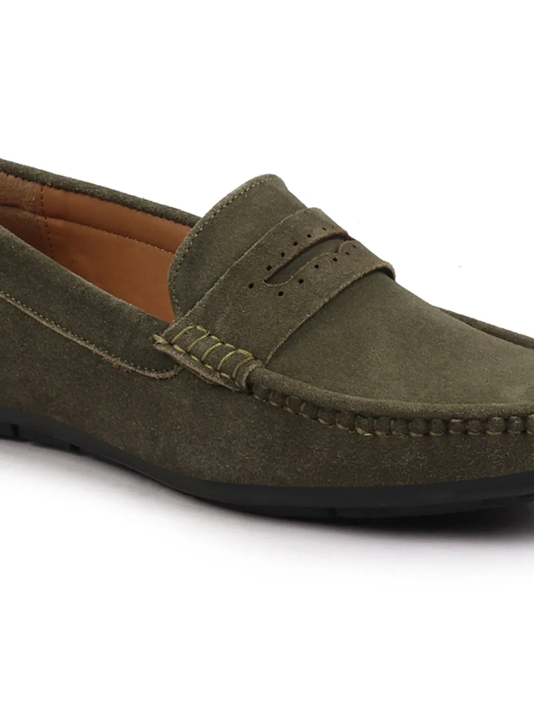 Men Olive Suede Leather Side Stitched Slip On Driving Loafer|Party Loafer|Moccasin For Wedding Party