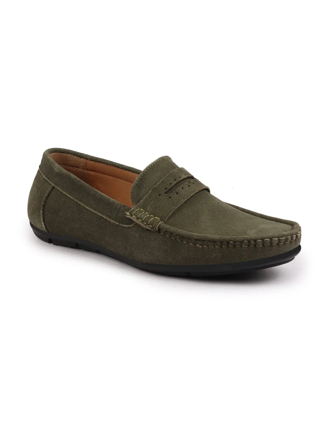 Men Olive Suede Leather Side Stitched Slip On Driving Loafer|Party Loafer|Moccasin For Wedding Party