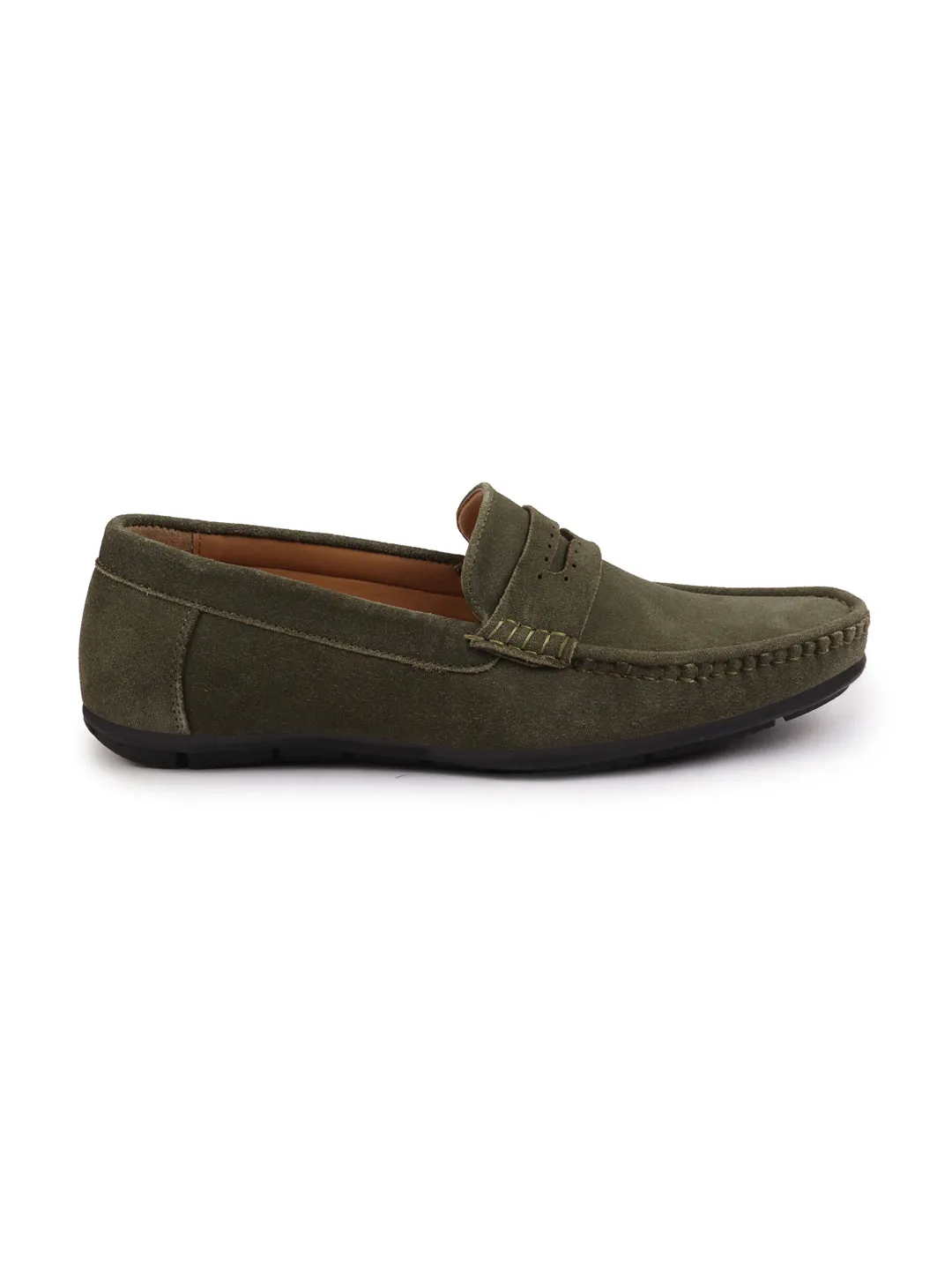 Men Olive Suede Leather Side Stitched Slip On Driving Loafer|Party Loafer|Moccasin For Wedding Party