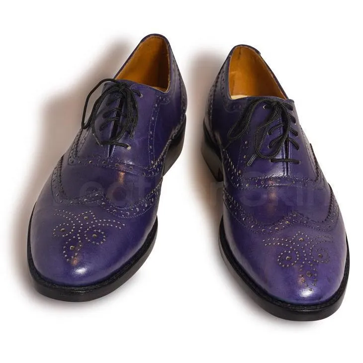 Men Purple Oxford Wingtip Brogue Leather Shoes with Laces