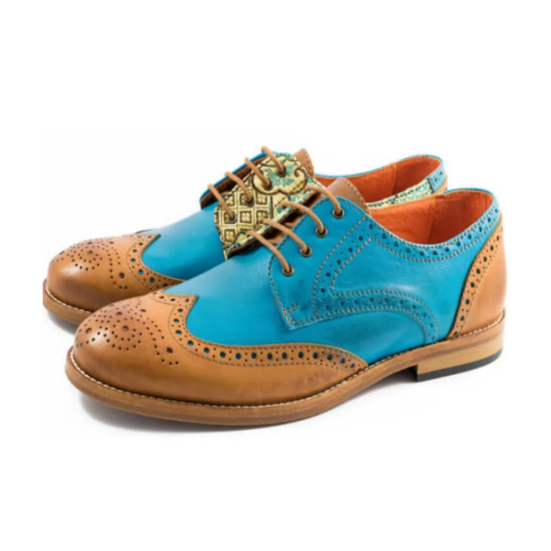 Men's multi-color patchwork lace-up loafers wing tip carved brogues