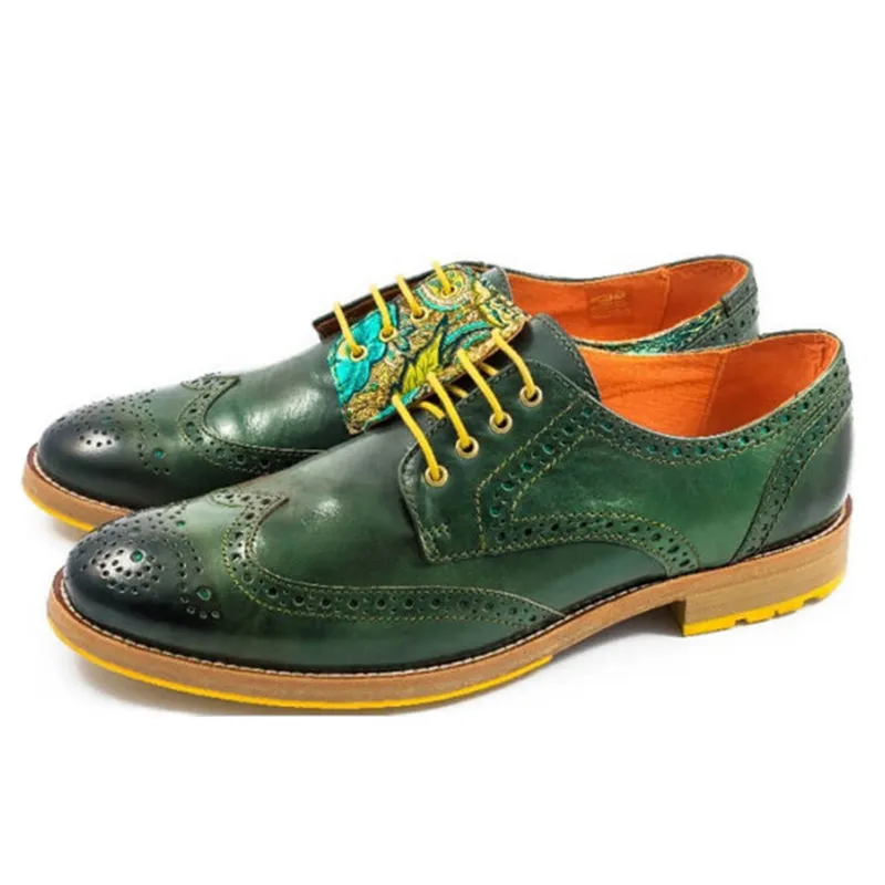 Men's multi-color patchwork lace-up loafers wing tip carved brogues