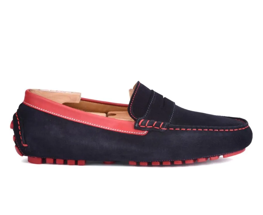 Navy Suede and Red leather Men&#039;s Driving Moccasins - FERGUSON