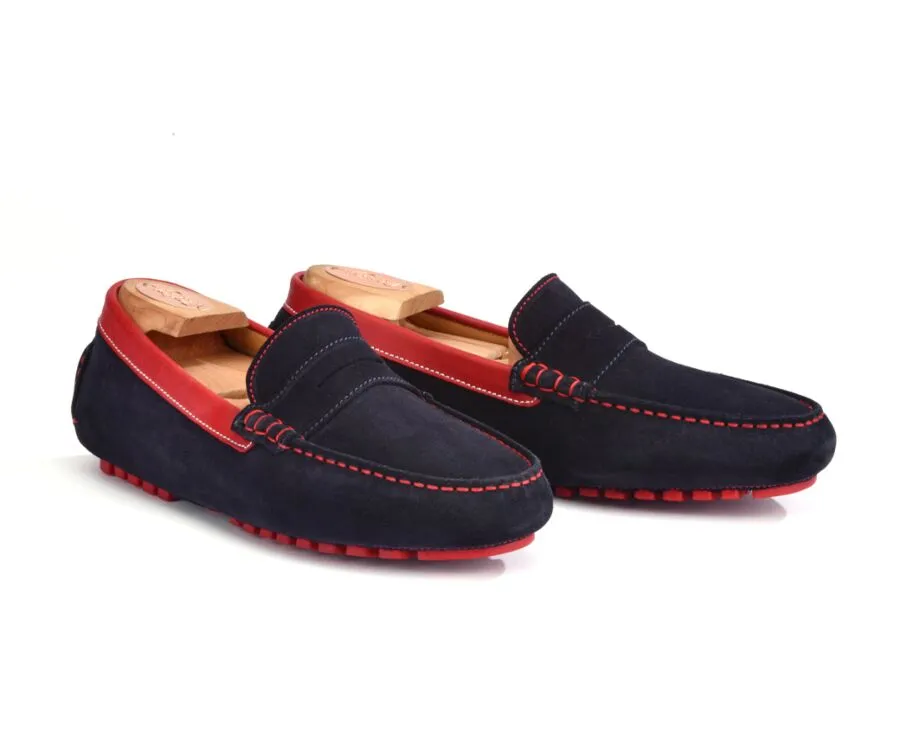 Navy Suede and Red leather Men&#039;s Driving Moccasins - FERGUSON