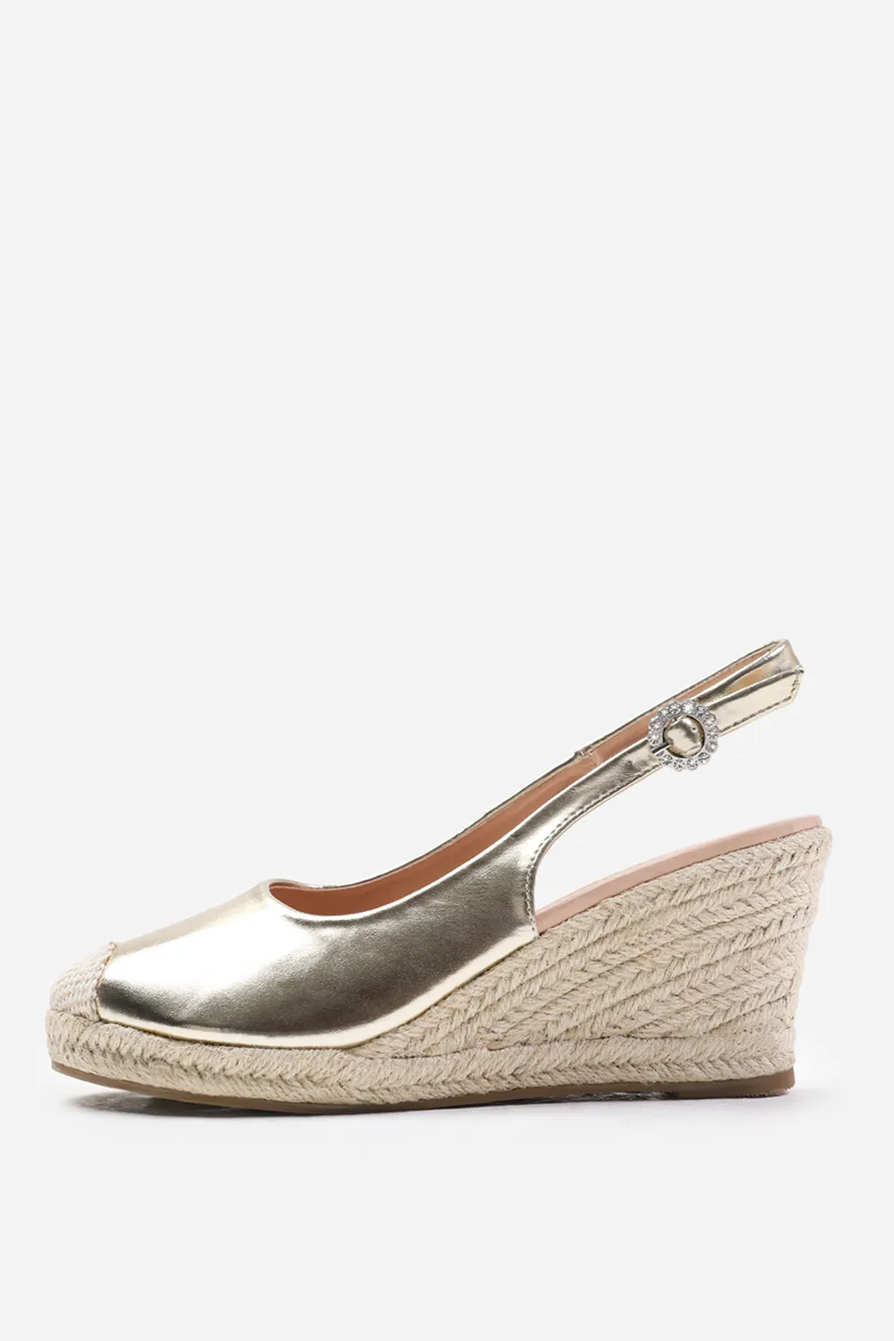 NEVADA SLINGBACK WITH DIAMANTE FLOWER BUCKLE ESPADRILLE WEDGES IN GOLD METALLIC FAUX LEATHER