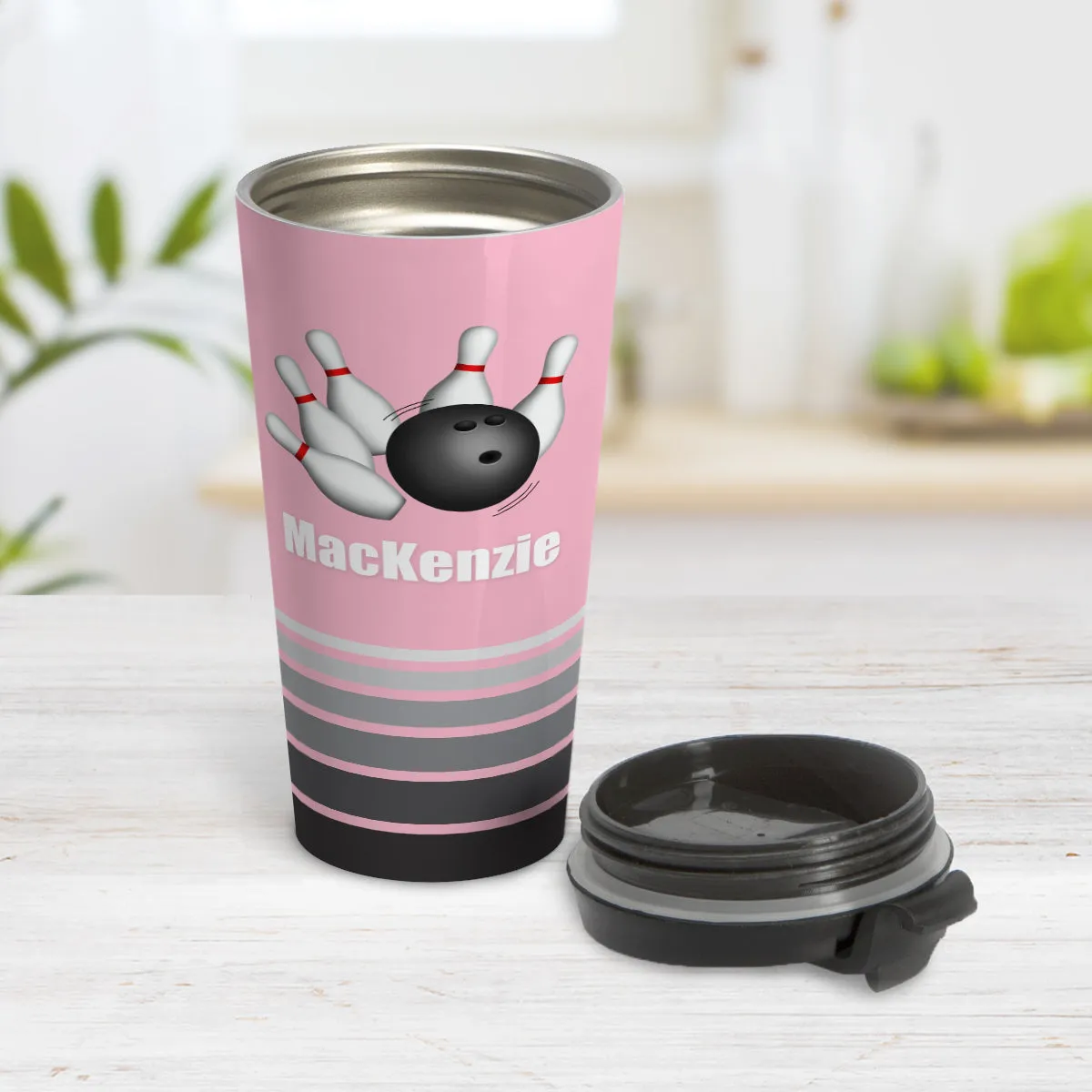 Personalized Bowling Ball and Pins Pink - Bowling Travel Mug