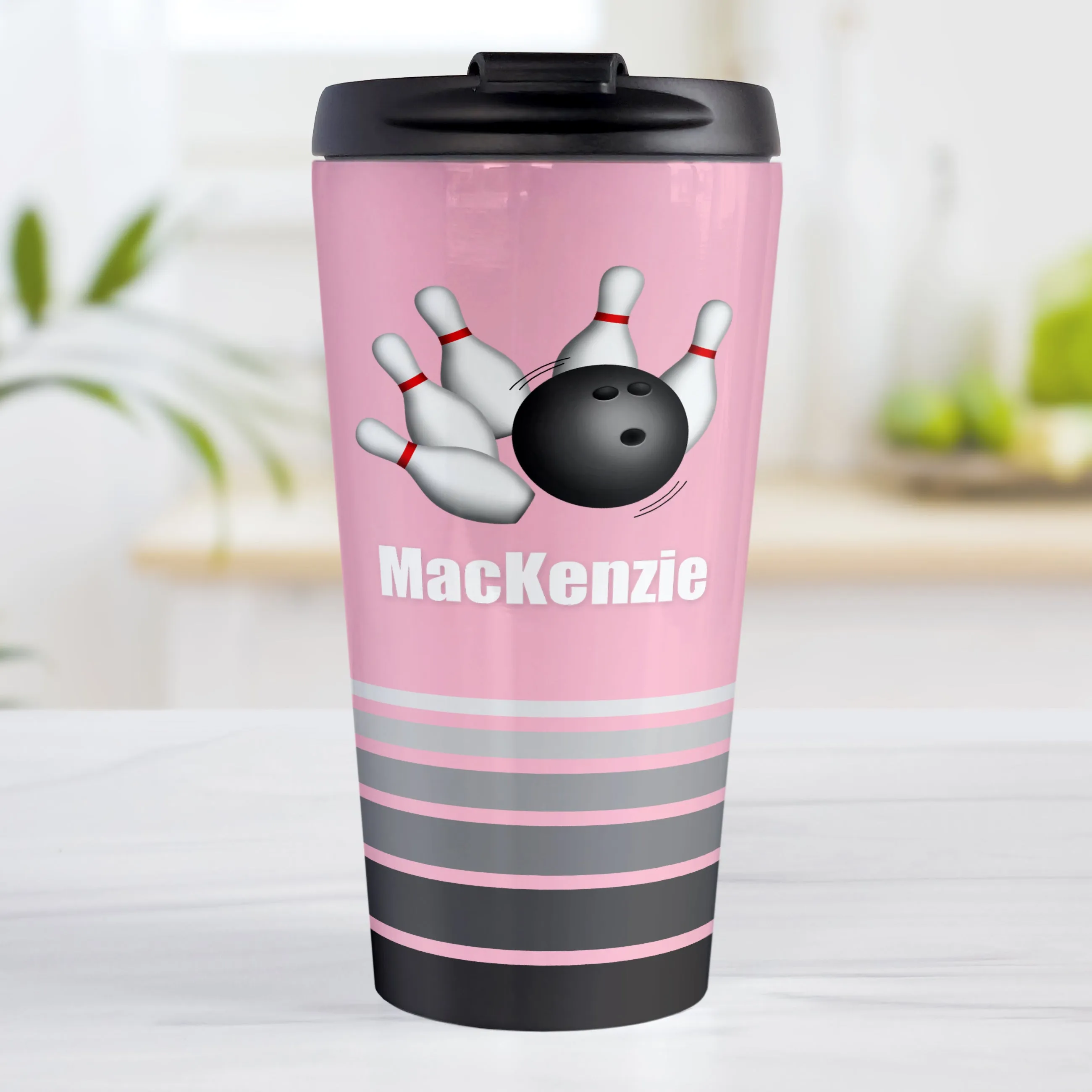 Personalized Bowling Ball and Pins Pink - Bowling Travel Mug